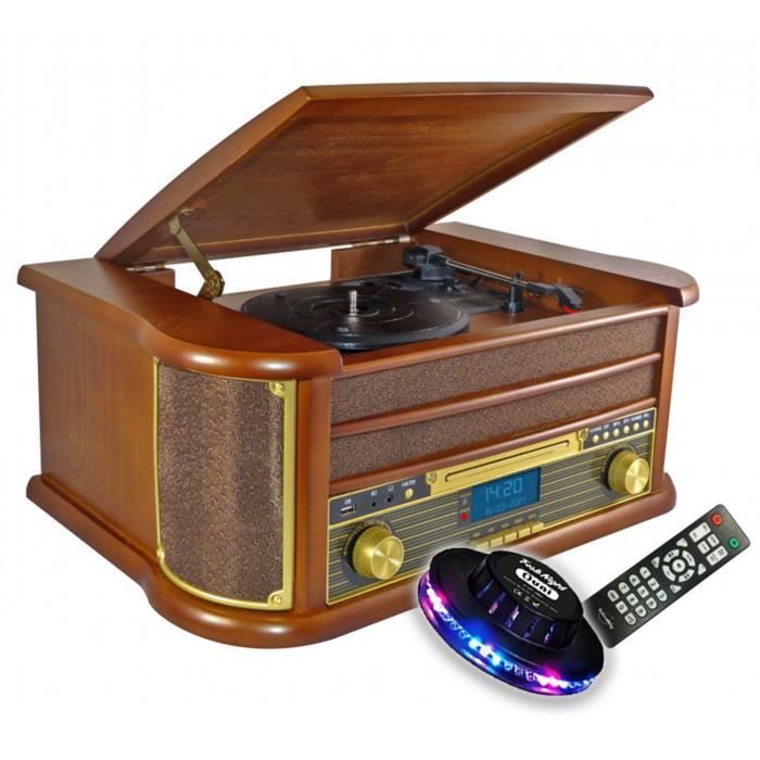 Chaîne Hifi INOVALLEY RETRO29-E vinyle style rétro Bluetooth, CD, K7 Audio, FM, USB + télécommande, Jeu de lumière OVNI LED