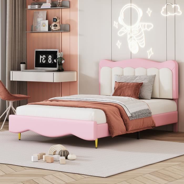 linkifly lit rembourré 90×200 cm, lit adulte avec tête de lit, lit double avec sommier à lattes, lit jeunesse, en pu cuir, rose