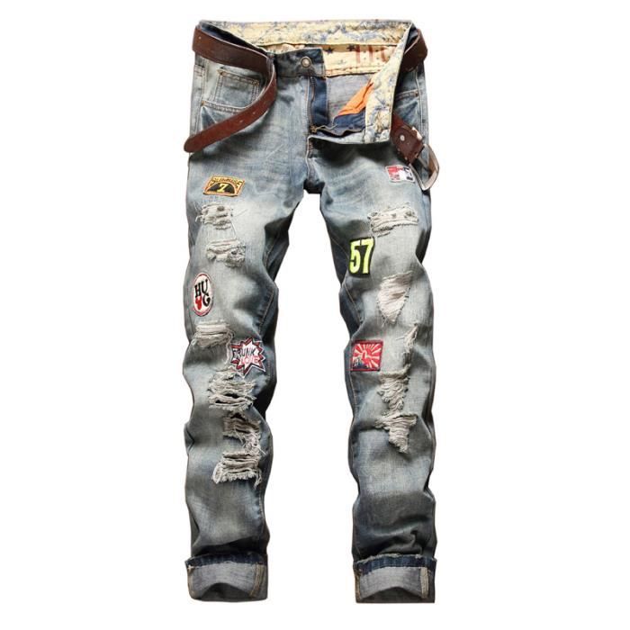 Jeans Homme troue Vintage Jeans Hommes slim fit coton de ecusson Bleu Bleu Cdiscount Pret a Porter