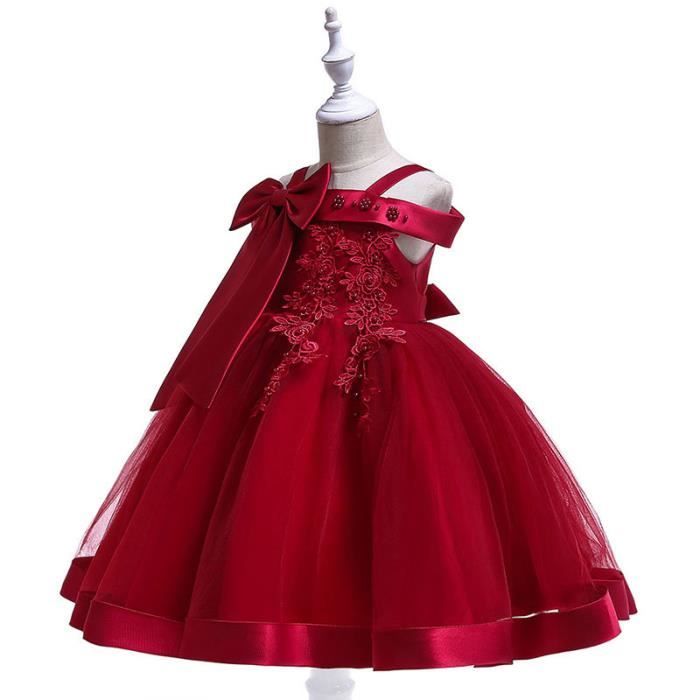 Robe Demoiselle Enfant Fille Loose Petales Noeud Papillon au Dos Fleur Robe Ceremonie 5 14 Ans Bordeaux Bordeaux Cdiscount Pret a Porter
