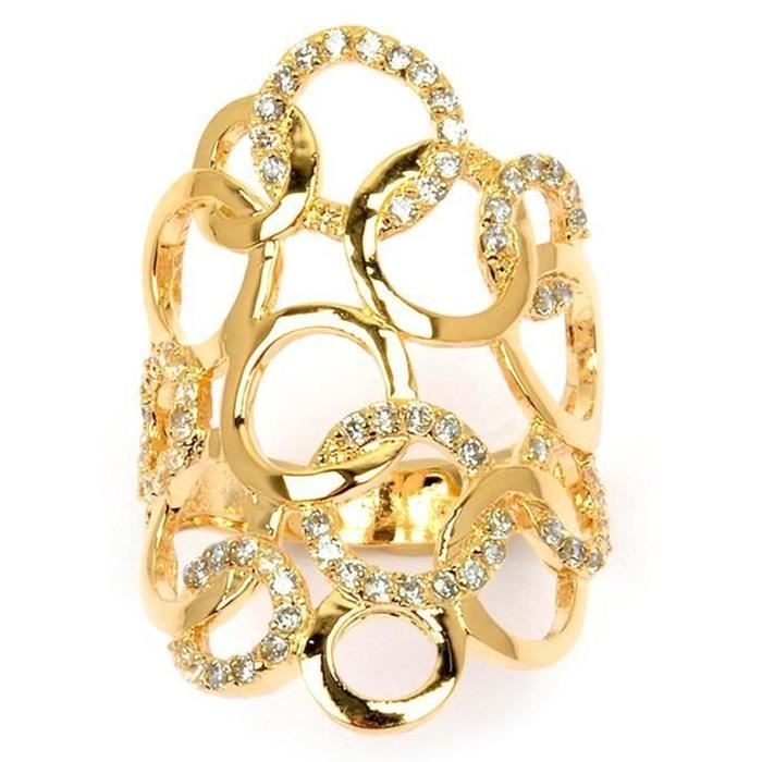 Bague Plaqué Or Avec Zircons Blancs Et Rouges - Taille 16mm, Neuf Avec étiquettes, Poinçonné