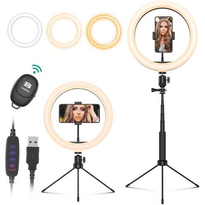 Ring Light avec Trépied Réglable 10” Anneau Lumineux avec Télécommande et Support de Téléphone pour