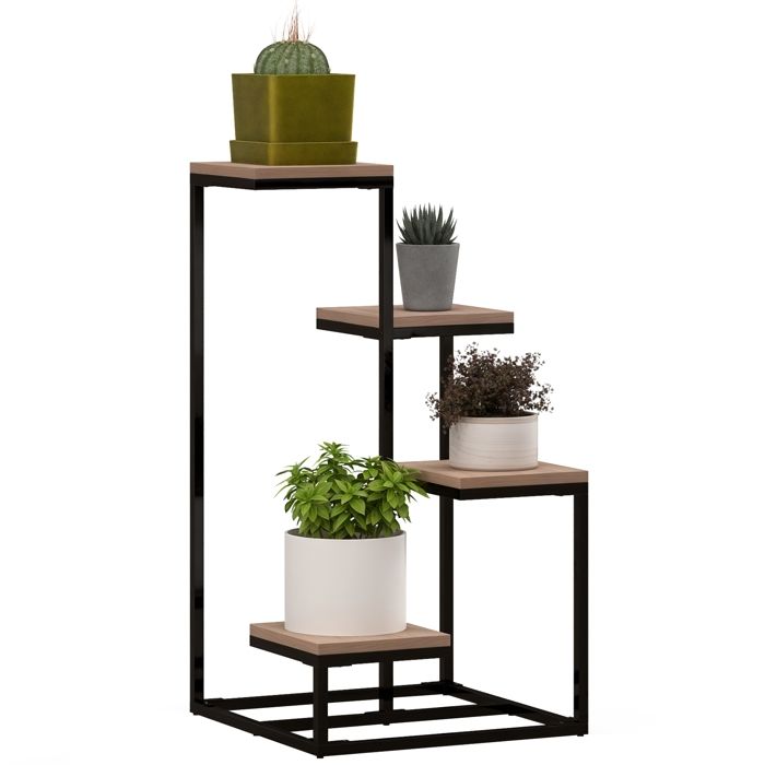 Étagère à plantes - Outsunny - étagère à fleurs métal bois 4 niveaux style industriel - bois - 40x40x755cm - naturel
