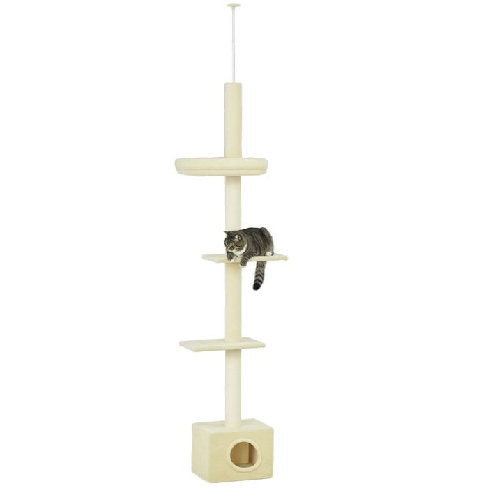 Arbre à chat - PawHut - hauteur réglable 230-260 cm tour jeux poteau à griffer 4 niveaux niche - peluche - beige