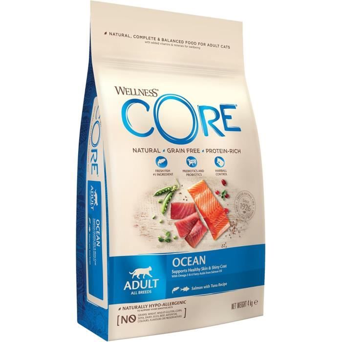 Meilleurs prix pour Croquettes pour Chat - WELLNESS CORE - Adult Ocean - Saumon/Thon - 4kg - Sans Céréales