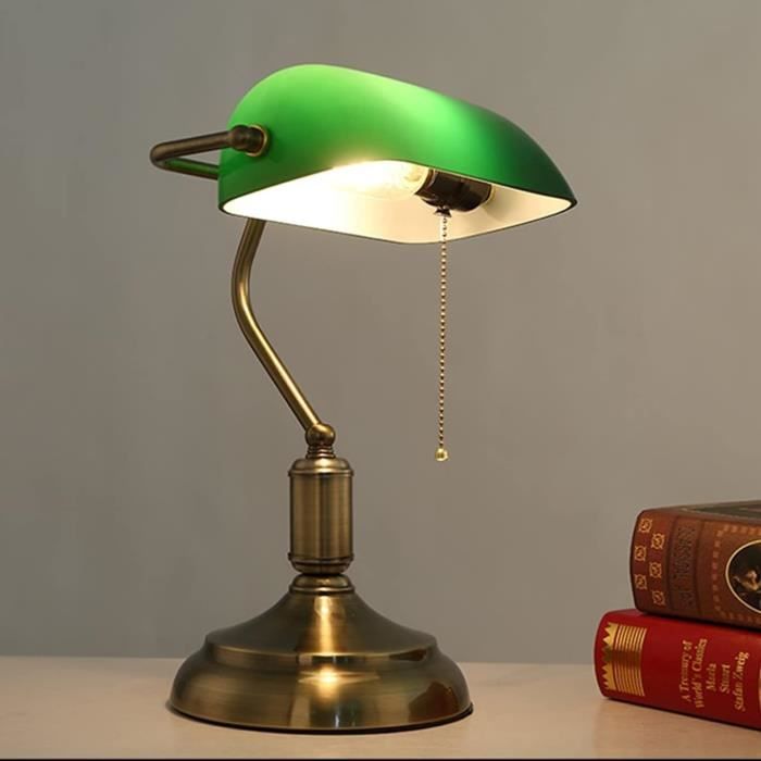 Lampe de banquier Traditionnelle Lampe de Bureau en métal Antique avec Chainette Abat-Jour en Verre Vert Lampe de Chevet