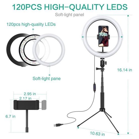 Anneau Lumineux LED 10" Avec Trépied, Support Téléphone Et Télécommande - 10 Niveaux Luminosité, 3 Couleurs - Pour Photos, Vidéos, Streaming