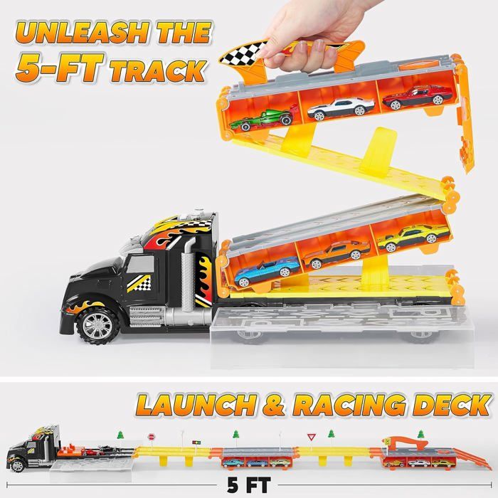Havnidy Transport Truck Speelgoedauto's voor jongens 3, 4, 5, 6 jaar, Opvouwbare racebaan Truck met 12 terugtrekauto's speelgoed, Bouwvoertuigen speelgoed cadeau voor verjaardagen en Kerstmis