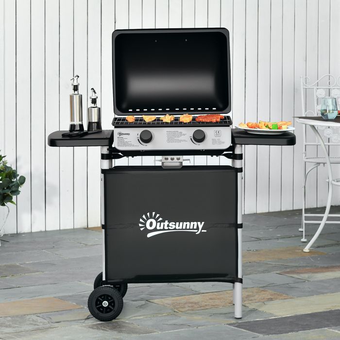 Barbecue Gaz Outsunny 2 Brûleurs 2.8 KW – Inox + 2 Grilles Chromées – Roues & Étagères – Jardin Camping Balcon Noir