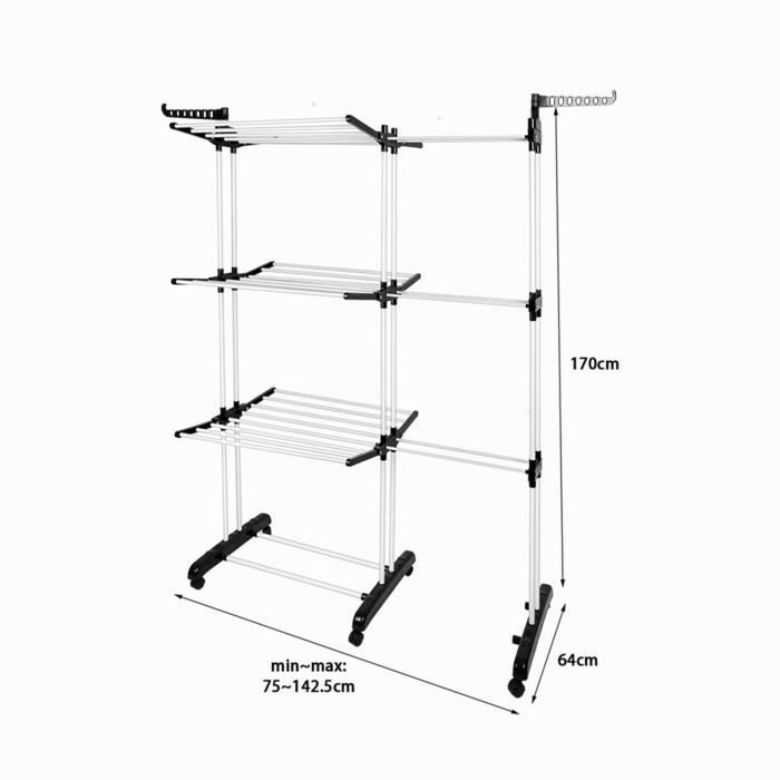 Séchoir à Linge Tour 3 Étages Doubles. Étendoir à Linge Interieur Pliable avec Roues et Extensible pour Intérieur et Extérieur (75-142.5 * 64 * 170cm (Gris Séchoir à Linge Tour 3 Étages Doubles. Étendoir à Linge Interieur Pliable avec Roues et Extensible pour Intérieur et Extérieur (75-142.5 * 64 * 170cm (Gris