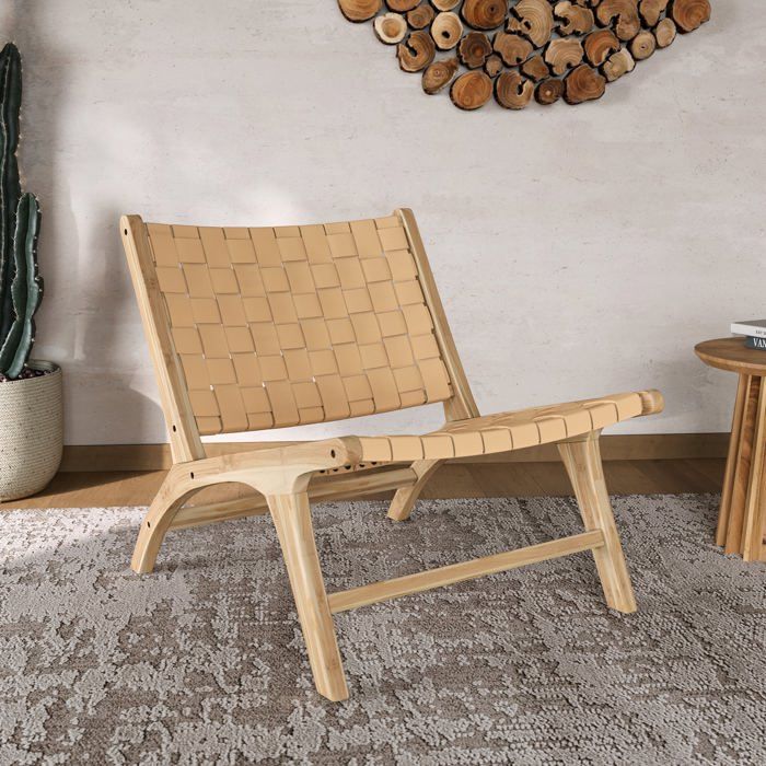 Fauteuil en teck et cuir tressé beige - Kuna - Rendez-Vous Déco