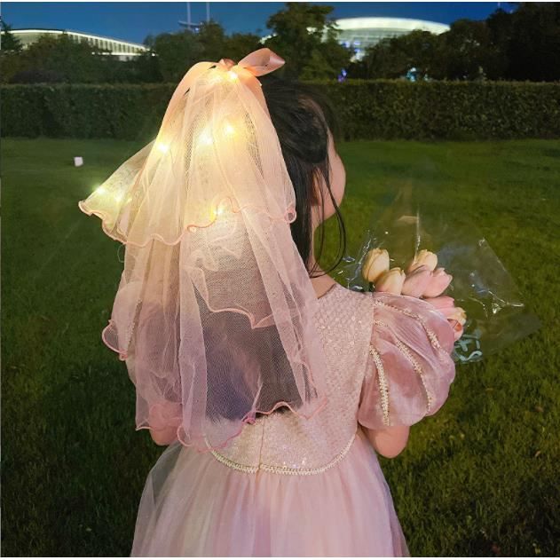 Voile de mari e avec Guirlandes lumineuses LED et pingles cheveux n ud papillon pour les filles 40cm double couche