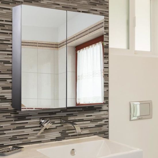 HOMCOM Armoire miroir rangement toilette salle de bain meuble mural dim.  60L x 12l x 55H cm acier inox. pas cher 