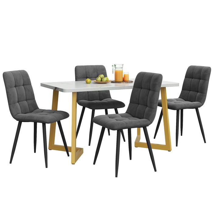 Ensemble Table Et 4 Chaises Hexagonale - Table à Manger Moderne Style Marbre, Chaises Velours Gris - 5 Pièces Salle à Manger