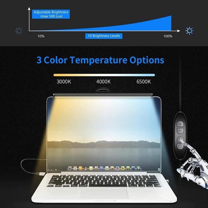 Barre lumineuse d'écran incurvée HD pour moniteur d'ordinateur portable,  lampe d'ambiance colorée, interrupteur