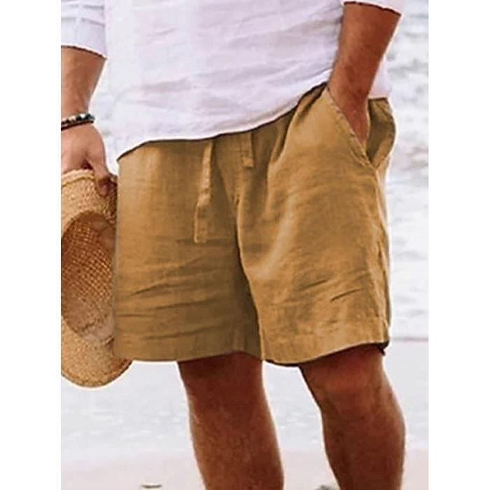 Shorts Ete en Lin Homme Couleur Unie Jaune Ample Decontracte Short de Plage Mode Leger
