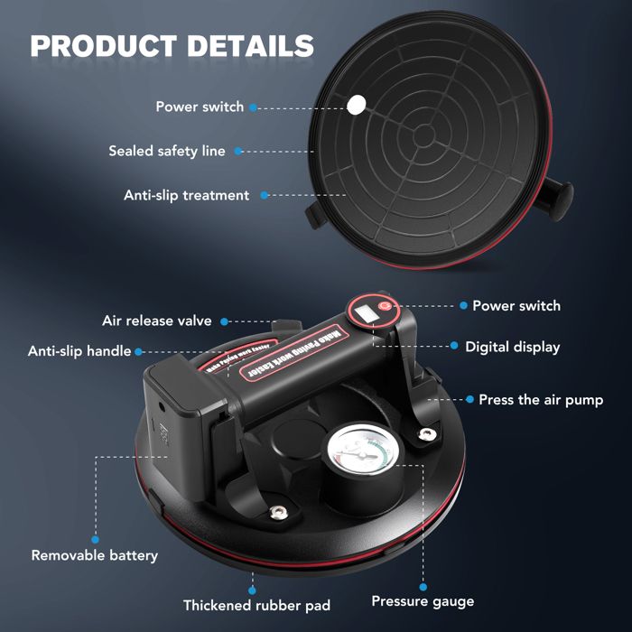 Ventouse En Verre Ventouse Carrelage Electrique Avec Manomètre Pompe Ventouse De Levage En Verre, 8" Ventouse Vitre Professionnelle Jusqu'À 220kg - Bricolage Ventouse Vibrante Carrelage