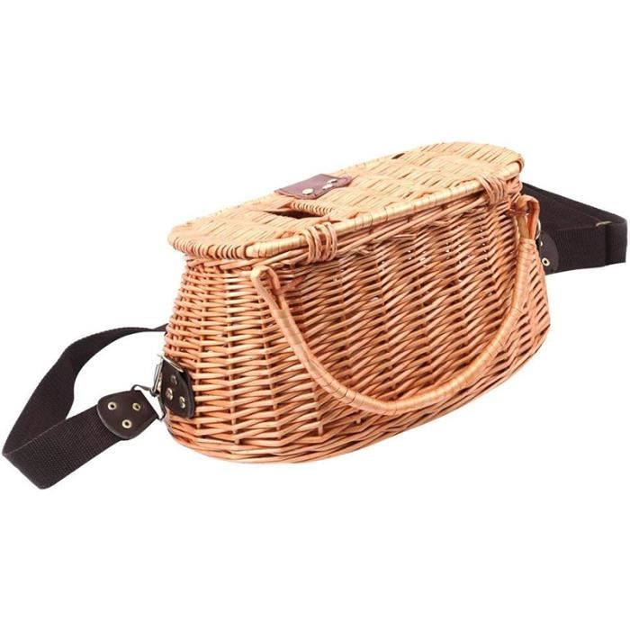 Vieux Panier Pêche Osier Créel – Sangle Cuir Réglable – Vintage