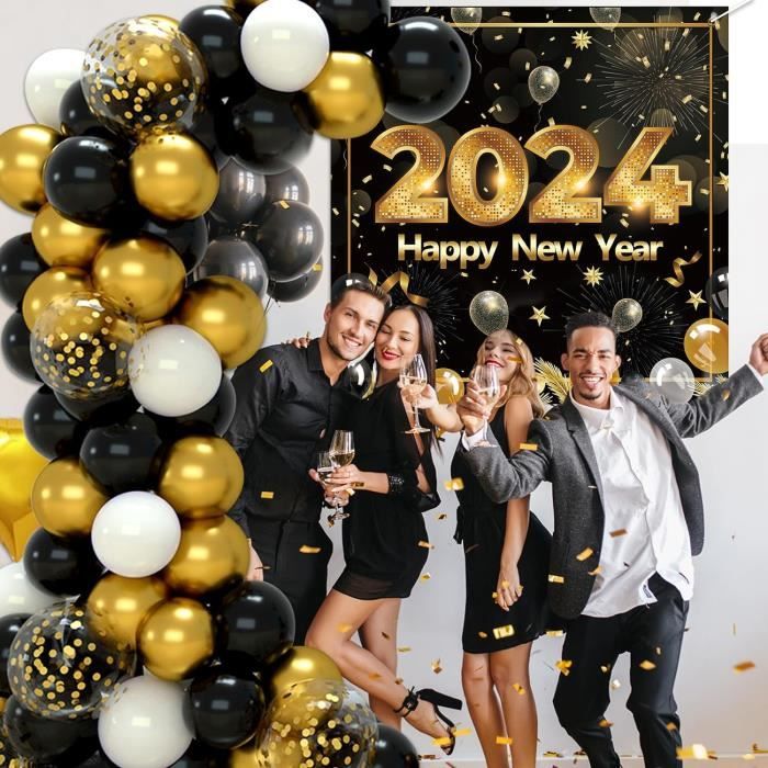 Arche Ballon Nouvel An 2024, 100 Pièces Noir Doré Ballons Guirlande Avec  Happy New Year Bannière, Guirlande De Ballon Noir O[k366] - Cdiscount Maison
