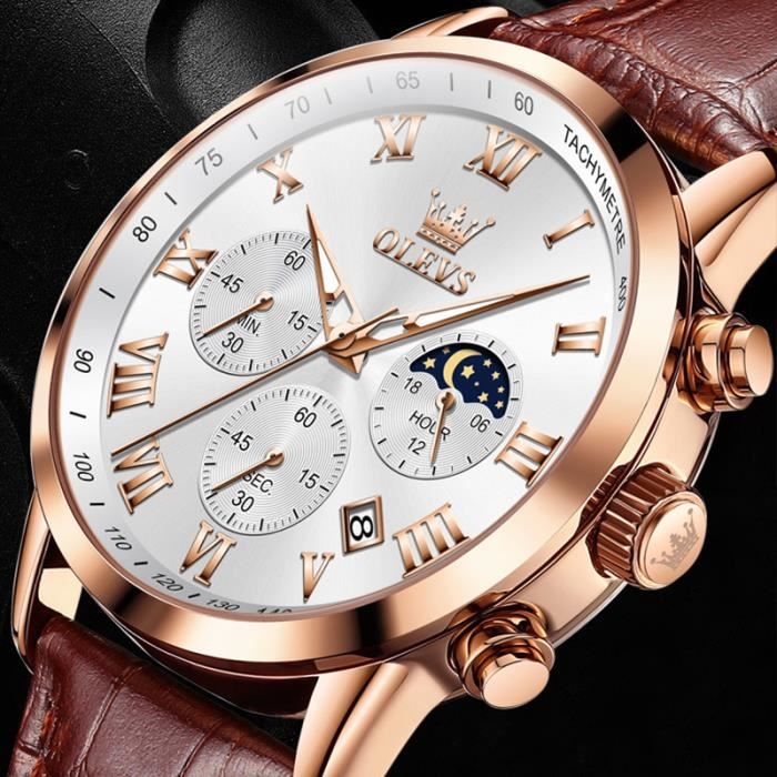 Montre Homme Chronographe Out Of Order - Cadran Crème, Boîtier Acier, Bracelet Cuir Marron - Neuf Avec étiquettes