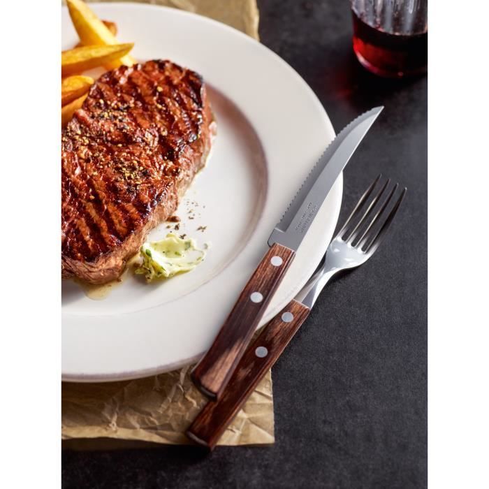 Set De 24 Couverts à Steak - Acier Inoxydable Et Manche En Bois - Pour Repas Élégants Et Barbecues