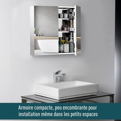 Armoire Murale Salle De Bain Avec Miroir LED - Rangement, Porte-serviette, Blanc 55x17x46 Cm - 3