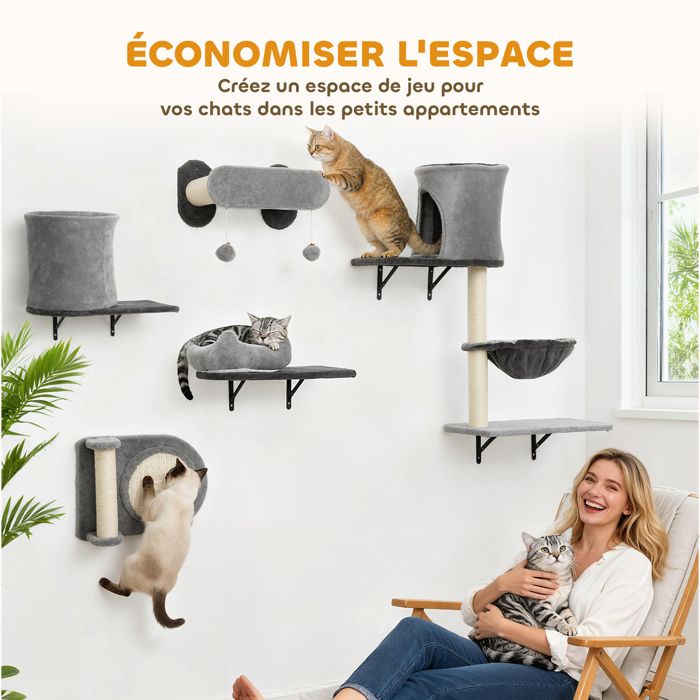 Arbre à Chat Mural Avec Niches, Paniers Et Griffoirs - Support Jusqu'à 10 Kg, Couleur Beige - Étagères Modulables Pour Chats D'intérieur, Gain De Place