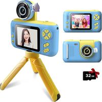 Appareil photo enfants caméra numérique selfie vidéo 40 MP, rabat à 180 ° 1080p HD avec carte SD 32 Go et perche à selfie, bleu