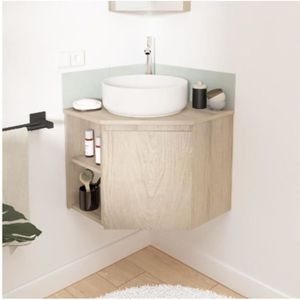 SALLE DE BAIN COMPLETE Ensemble meubles de salle de bain 2 pièces d'angle décor chêne SORRENTO Meuble : L52 x H45 x P52cm Vasque : H12 x D37 cm Bois Clair