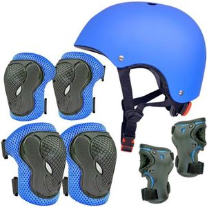 KIT PROTECTION Casque / Genouillères Enfant Equipement de Protection pour Roller, Skateboard, Vélo, Trottinette 3 à 10 ans, Bleu