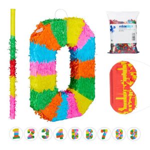 Piñata 4 tlg. Pinata Set Geburtstag Zahl 0, XXL Konfetti Sack, Pinatastab mit Augenmaske, Geburtstagspinata, Stock & Maske, bunt