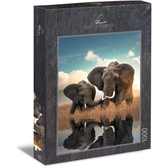 Puzzle 1000 pièces - Éléphants sur l'herbe - Puzzle en bois écologique