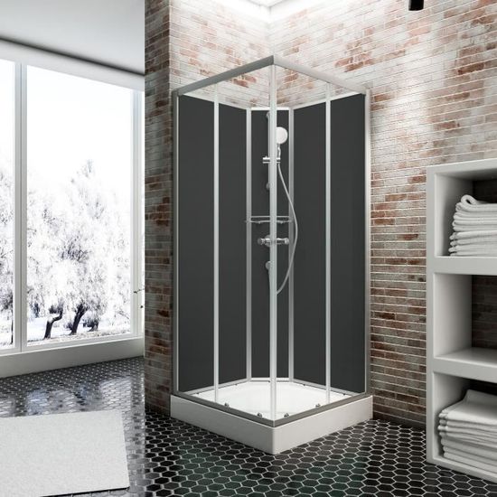 Cabine de douche intégrale 90x90 cm, cabine de douche complète Rimini, portes coulissantes, verre transparent, noir, Schulte