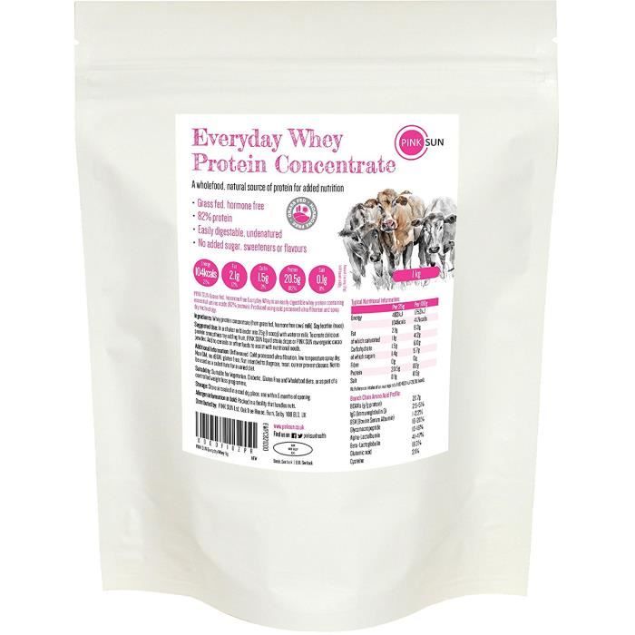 PINK SUN Everyday Whey 1kg de Protéines de Lactosérum en Poudre Nourri à l'herbe Sans Hormones Whey Protein Concentrate Powder