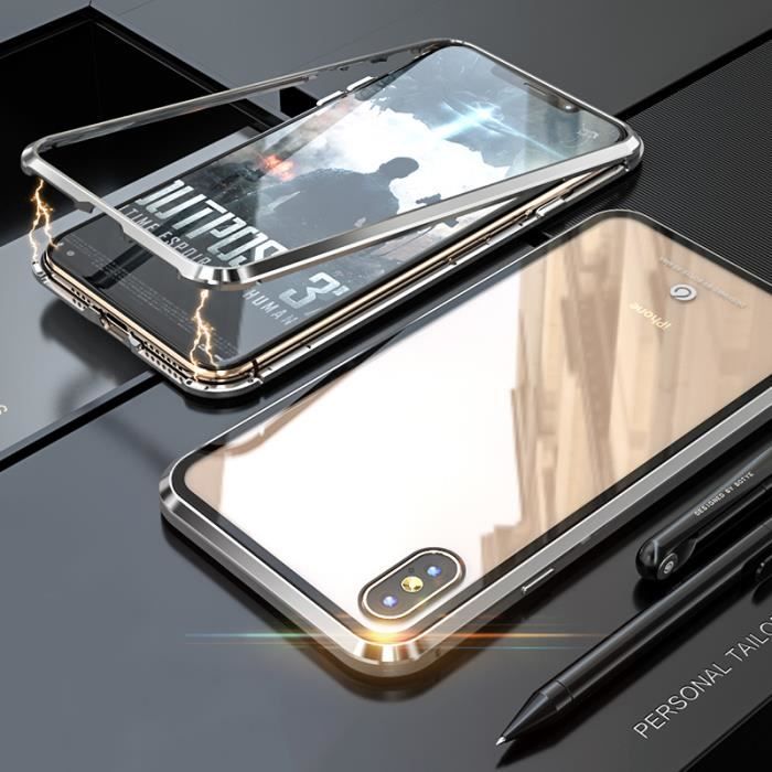 Coque iPhone XS Max，Cadre métallique antichoc，Verre trempé + Cadre en métal magnétique etui Pour iPhone XS Max - Argent