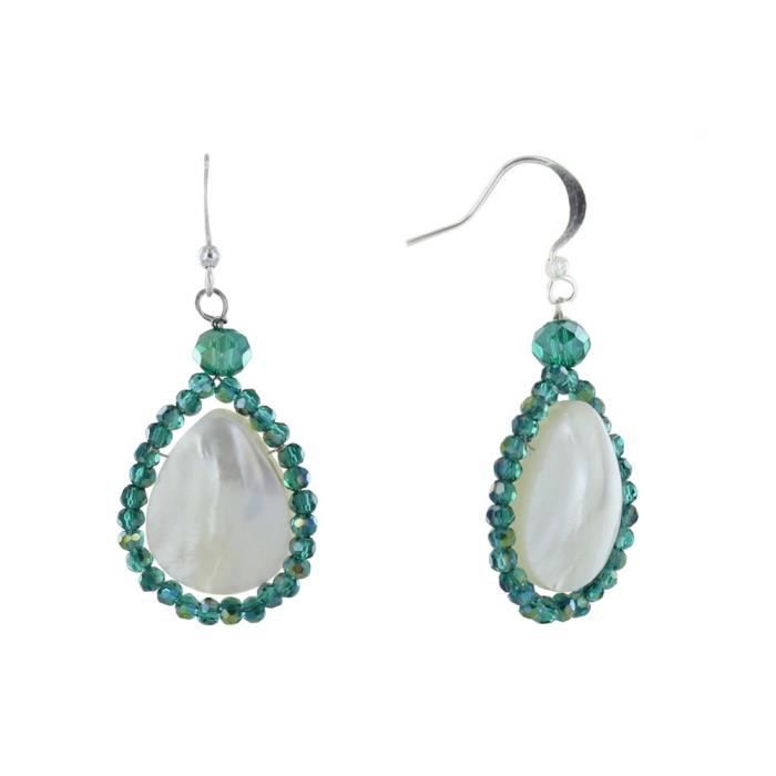 Les Poulettes Bijoux - Boucles d'Oreilles Argent Goutte de Nacre Perles de Verre Facettées - Vert