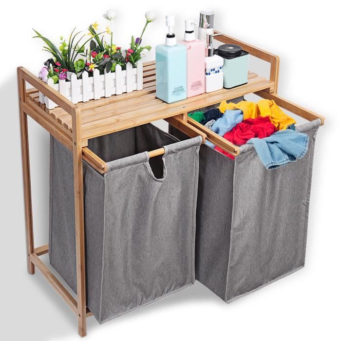 Panier à linge 2 Compartiment Etagère bas de salle de bain corbeille à linge - Bambou + Coton 70x36.5x67cm