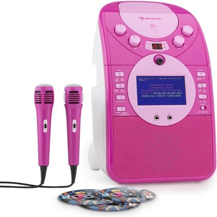 auna Screenstar - Chaîne karaoké avec caméra, lecteur CD, port USB et SD, 2 micros et 3CD+G - écran couleur 9cm - rose