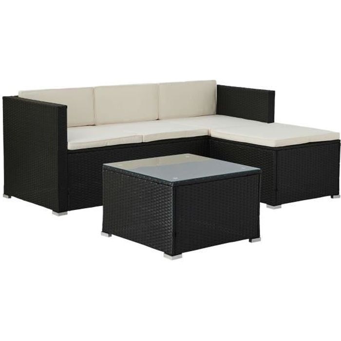 Lumio - Salon bas de jardin 4 places - Modulable - en résine tressée noire avec coussins beiges Couleur - Noir