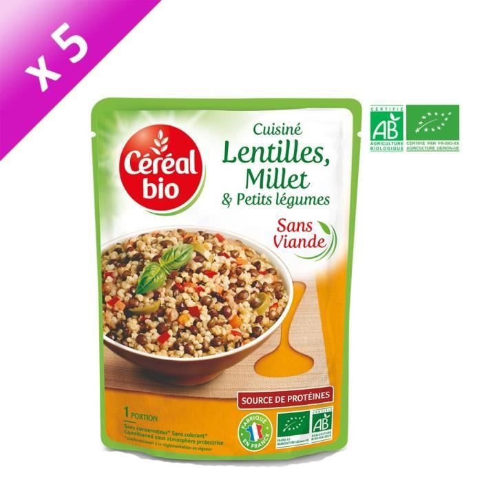 CEREAL BIO Lot de 5 Plats Cuisinés de Lentilles, Millet & Petits Légumes - Sans Viande - 250 g