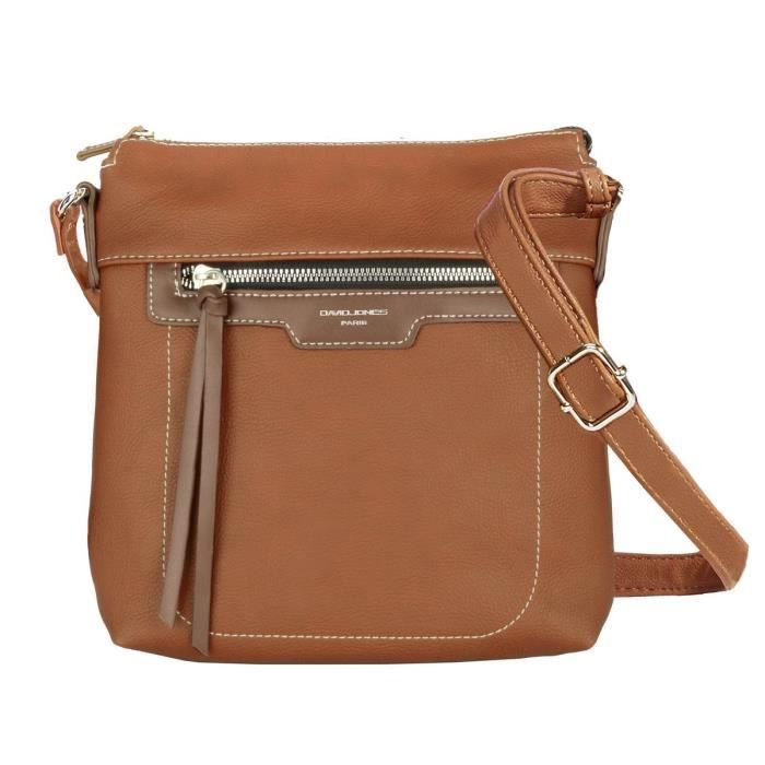 David Jones - Sacoche Bandoulière Femme Multipoche - Sac Epaule Besace Cuir PU Souple - Fourre-Tout Poches Zip Ville - Marron Camel