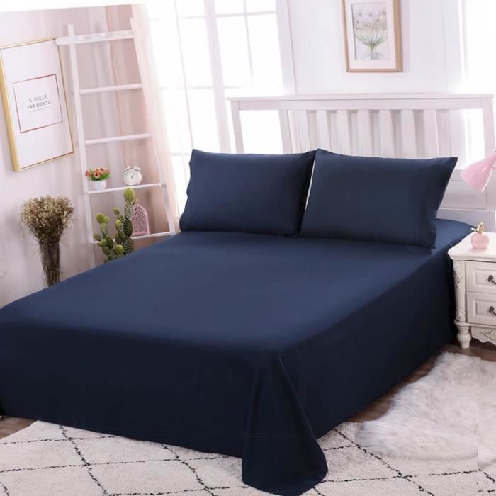 Drap Plat Couleur Unie en Coton - 160 x 230 cm - Bleu Marine