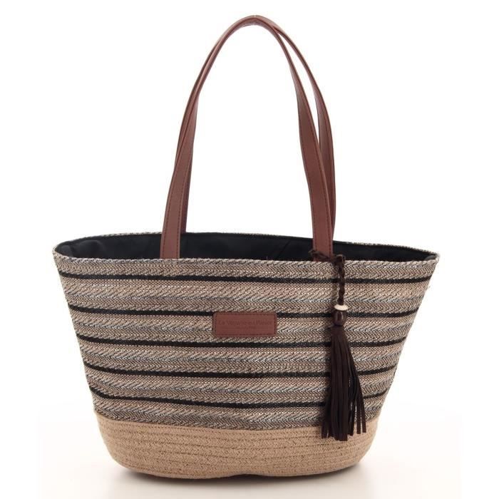 Le voyage en panier - Sac bohème femme porté épaule à rayures en toile de jute (pm306) noir taille 24 cm