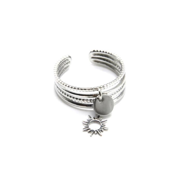 BG1434 - Bague Multi-Rangs avec Pampilles Médaille et Soleil Acier Argenté