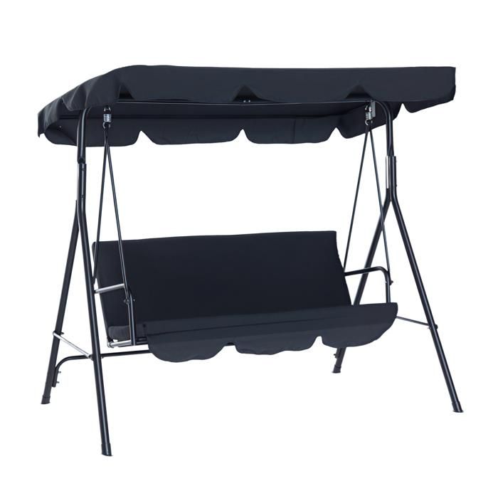 Balancelle de jardin 3 places toit inclinaison réglable coussins assise et dossier 1,72L x 1,1l x 1,52H m acier noir polyester noire