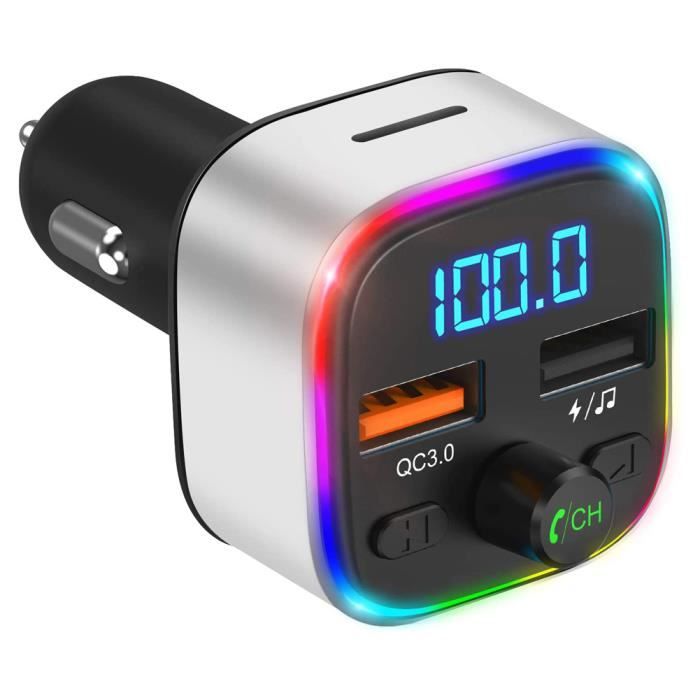 Adaptateur de voiture USB Transmetteur FM Bluetooth Chargeur de voiture USB avec 3 ports Visualisation de voyants pour t,Mèche,