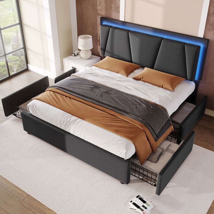 Canapé-lit 90x200 Avec Rangements – LED Réglable, Multiprise USB, Tiroirs, Niches, Tête De Lit Capitonnée