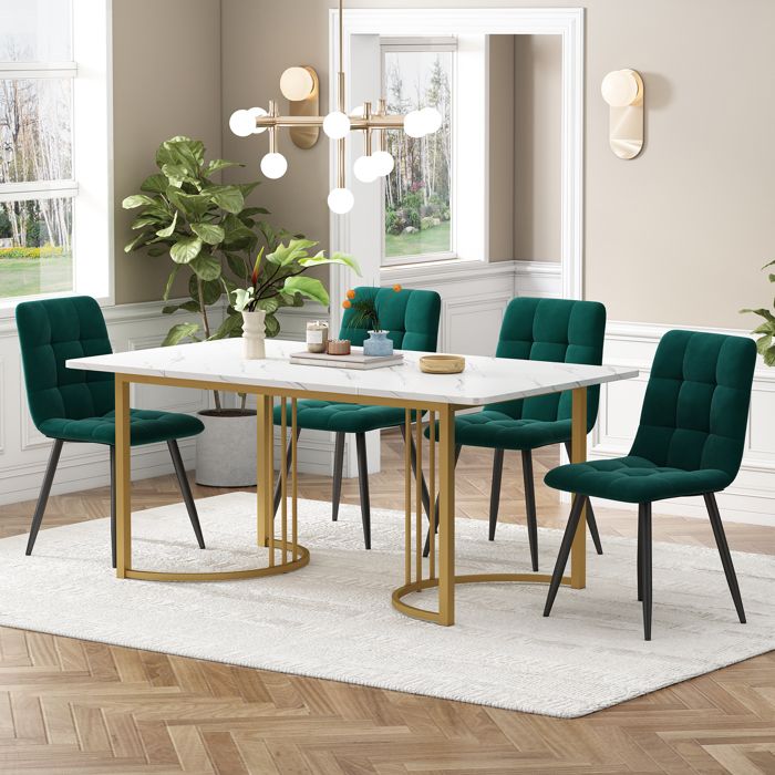 Ensemble Table à Manger avec 4 Chaises 140×80cm Moderne - Chaises de Salle à Manger Velours Vert - Table de Cuisine