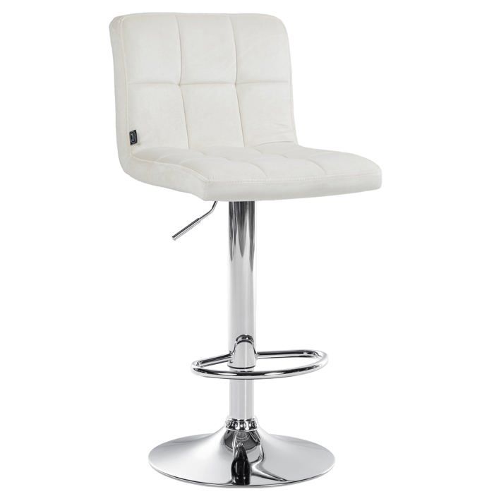 Tabouret de bar chaise haute x 1 avec coutures decoratives carrees assise en velours creme pieds en metal chrome 10_0005324