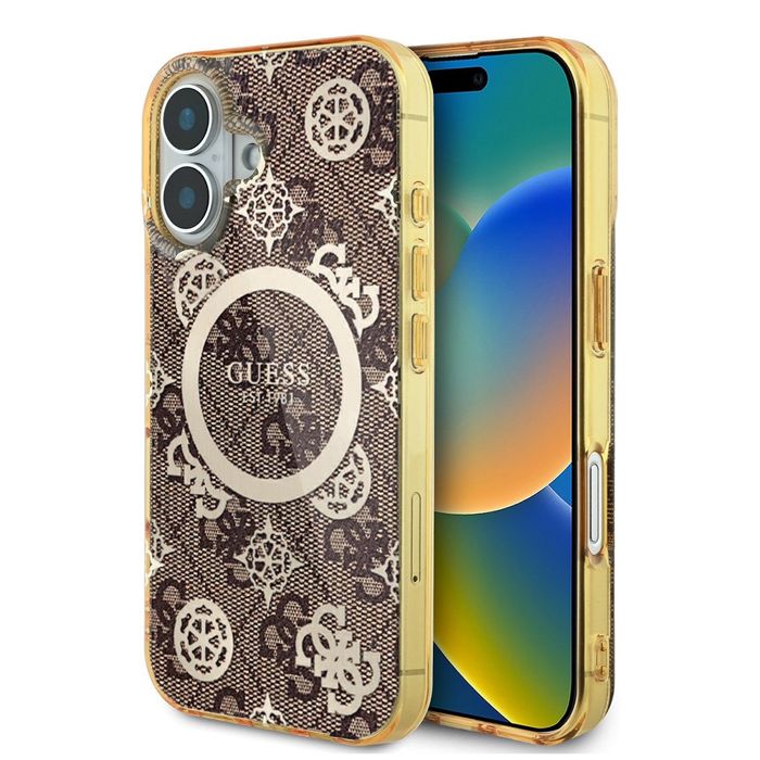 Coque pour iPhone 16 Guess IML Pivoine sur fond 4G MagSafe GUHMP16SH4PYEEW